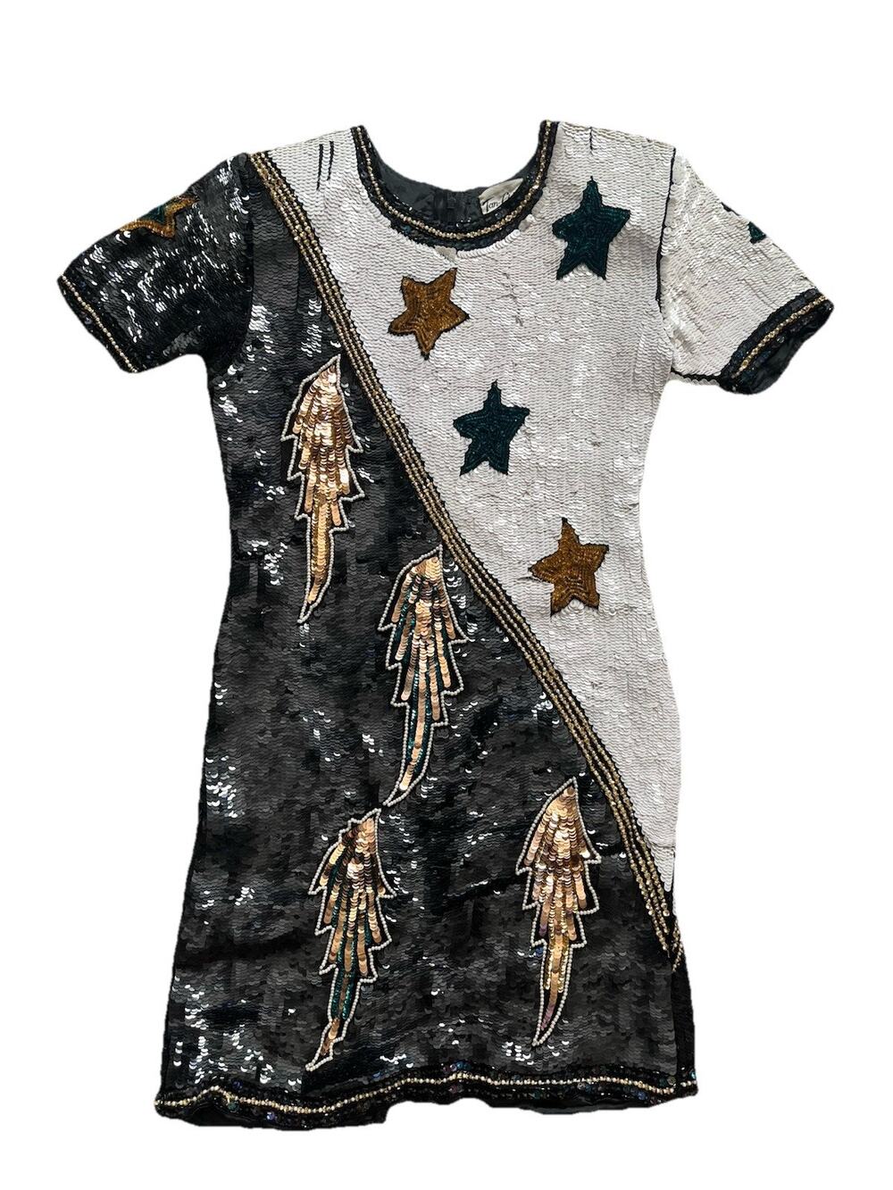 VTG 80-90s sequins beaded dress Tan Chho Black White Stars Lightning Bolts S